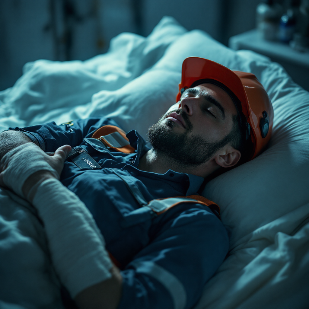 Um homem deitado na cama com uniforme de empresa